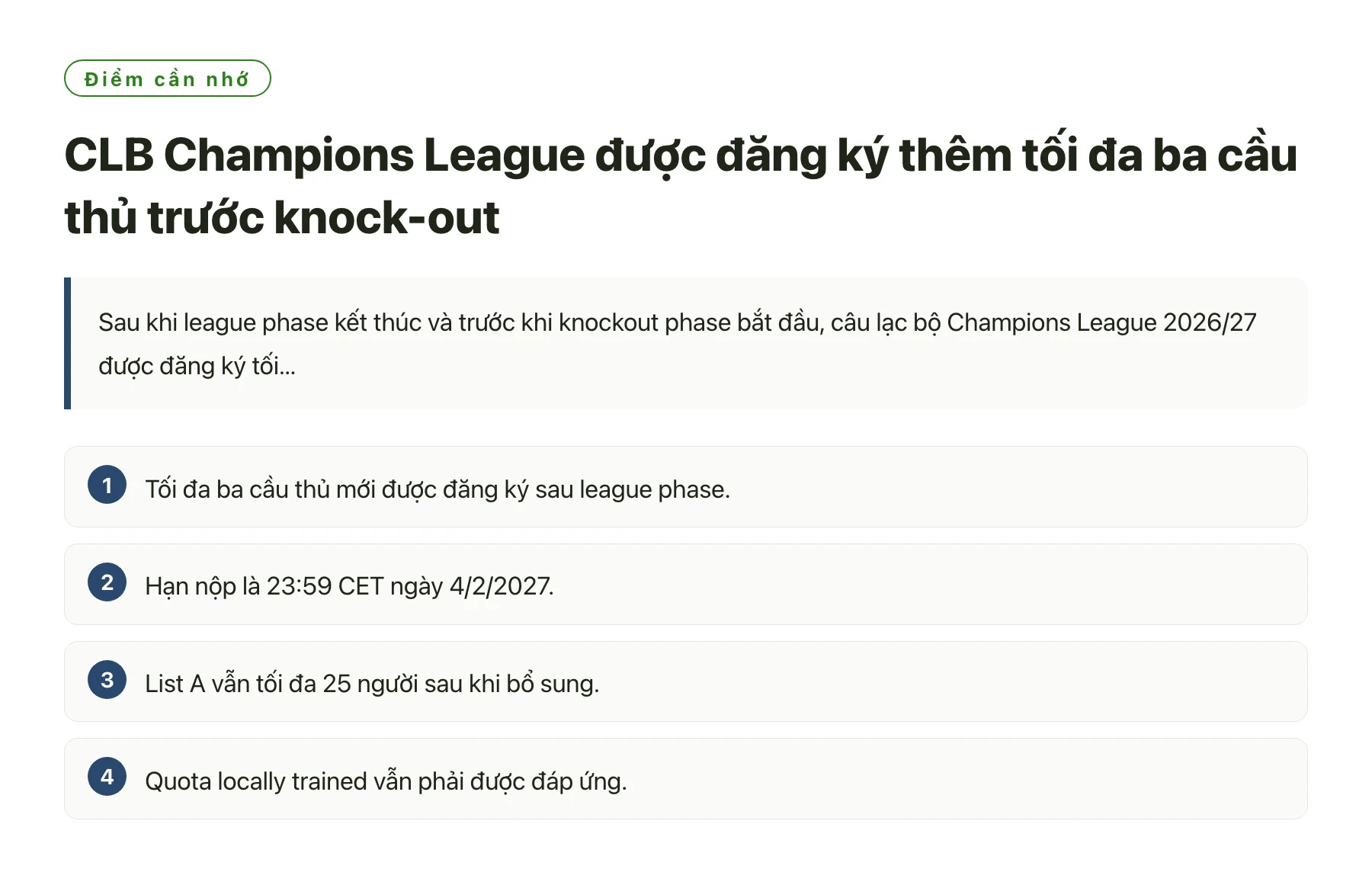 CLB Champions League được đăng ký thêm tối đa ba cầu thủ trước knock-out——全文要点速览