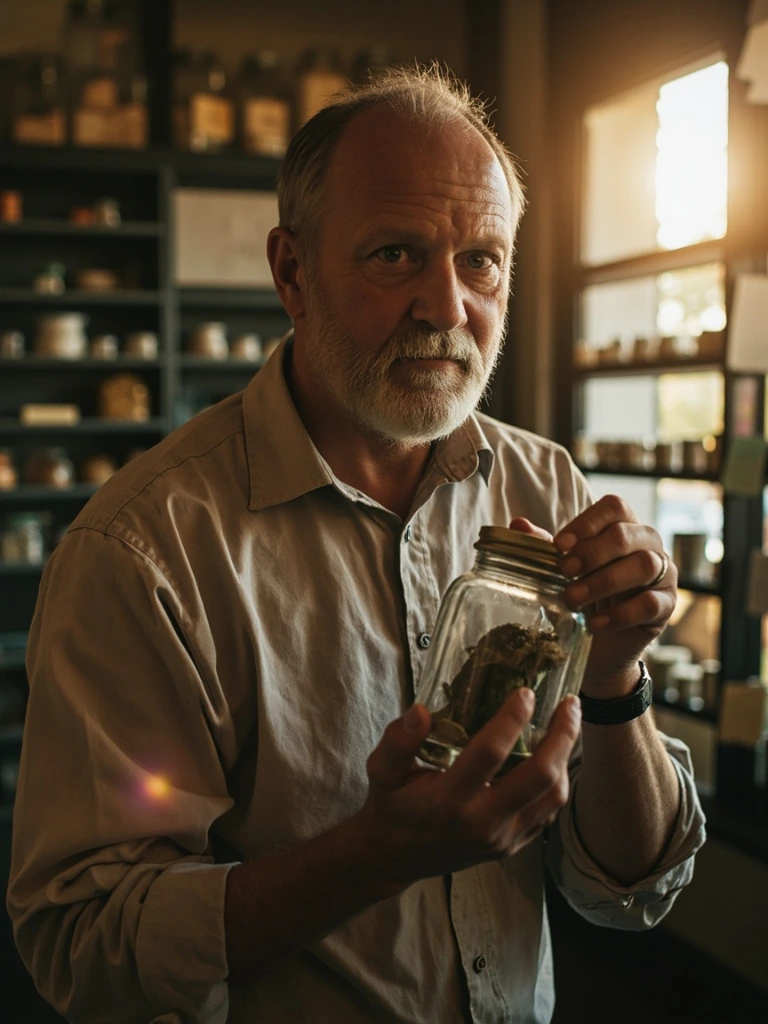 A senior herpetologist in a university natural-history collection, holding a specimen jar with shelves behind.